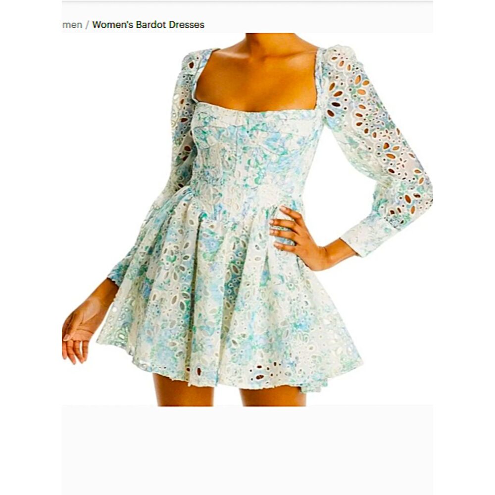 Bardot Lila Eyelet Flounce Corset Dress Boning Floral Long Sleeve Blue Water US8